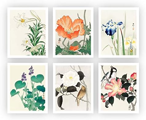 הדפסים הבוטניים היפניים / אמנות קיר פרחים מזרחית על ידי אינק אינק. / סט של 6 8 על 10 לא ממוסגר