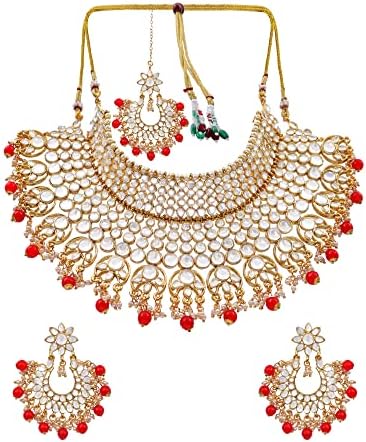 פריך אופנה מסורתית קונדאן זהב-מצופה חתונה אדום פרל קולר תכשיטי סט