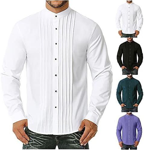 XXBR חולצות קפלים לגברים, סתיו כפתור שרוול ארוך למטה צוואר מדומה חולצה מזדמנת בצבע אחיד