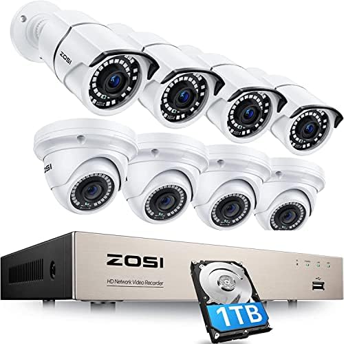 Zosi 8CH 5MP מערכת מצלמות אבטחה של POE, 8 יחידות 5MP מצלמות IP חוטיות חיצוניות, H.265+ 8 מקליט NVR עם 1TB HDD, ראיית לילה 120ft, התראת