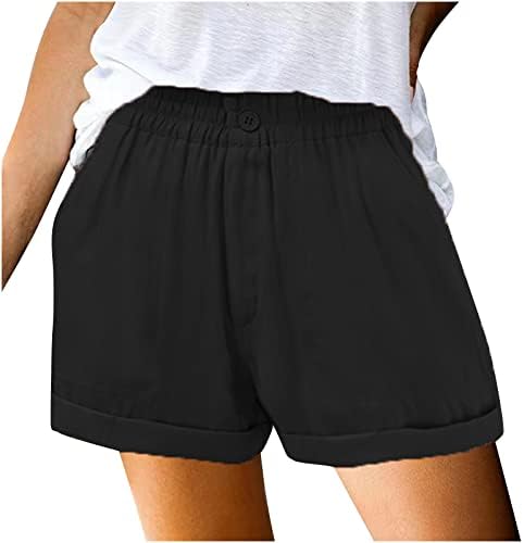 LMSXCT מותניים גבוהים מכנסי פשתן כותנה לנשים כפתור מזדמן כפתור רופף מותניים אלסטיים מקופלים מכנסי קיץ נוחים מכנסיים קצרים