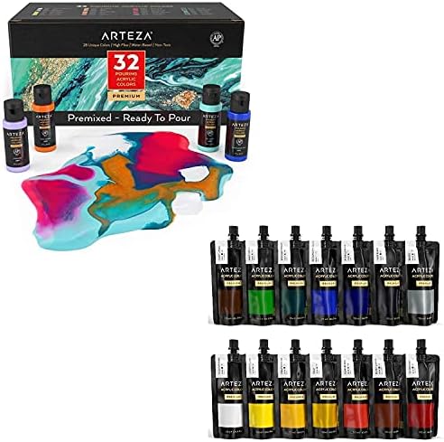 Arteza Art Supply Supply Supply for Acrylic מזיגה, כולל צבעי שפיכה מעורבבים מראש וסט צבע אקרילי 14 x120 מל, ציור ציוד לאמנות לאמן, ציירי