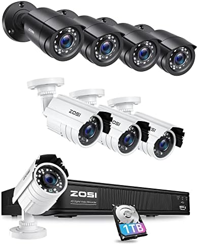 Zosi H.265+ 1080p מערכת מצלמות אבטחה ביתית חיצונית, 5MP Lite CCTV DVR 8 ערוץ ו- 8 x 1080p מצלמת כדור, גישה מרחוק, איתור תנועה