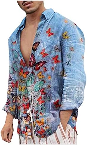 חולצות פשתן כותנה XXBR לגברים, כפתור סתיו למטה ציפורי שרוול ארוך ציפורי פרפר הדפס חולצות הוואי מזדמנים צמרות חוף
