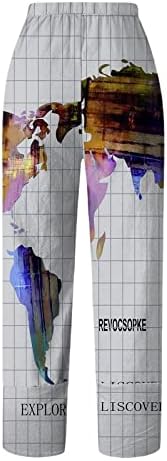 מכנסי Capri של LMSXCT לנשים מפת עולם הדפסת מותניים אלסטיים מכנסי פשתן כותנה רופפים חוף רחב חוף מכנסיים קצוצים עם כיסים