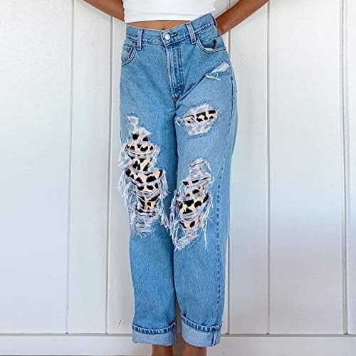 ג'ינס לריאו לנשים מותניים גבוהים כפתור רופף חור כיס נמר y2k מכנסי מכנסי מכנסי מכנסיים