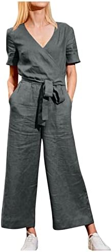 נשים סרגל סרבל קז'ואל בקיץ עטיפת שרוול קצר v צוואר חגורה חגורה רומנסים רגל רחבה מכנסיים ארוכים עם פוקטים