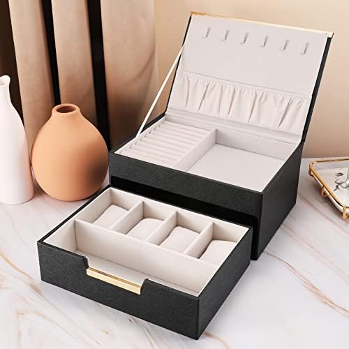 קופסאות תכשיטים של IVZISO לנשים, 2 קופסת תכשיטים שכבה, לקצץ מתכת, משיכה שלפה, מארז צפייה （שחור）