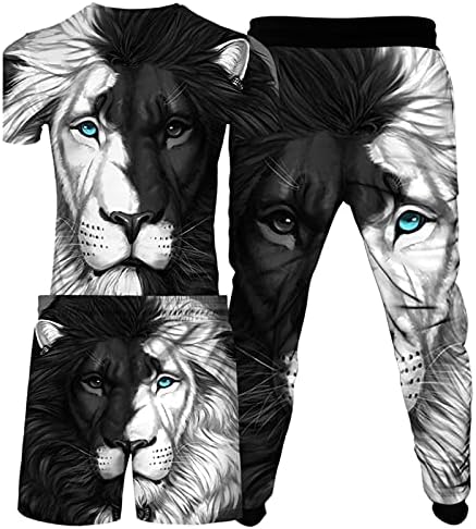 Menvip Mens 3 PCS אריה אריה מודפסים חולצות טריקו ומכנסי מכנסי רשת מכנסיים מכנסיים סט ספורט מכנסיים
