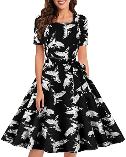 שמלת מסיבות גבירותיי קיץ רטרו פרח הדפס שרוול קצר שמלות MIDI שמלות צוואר מרובע מותניים גבוהים שמלת נדנדה קו