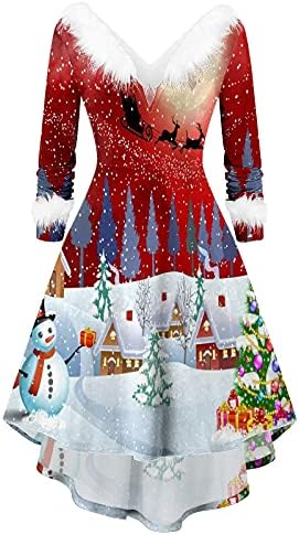 מידי שמלות לנשים של חג המולד מודפס קוקטייל משתה שמלות תה שמלת פרוותי צווארון ארוך שרוול נדנדה שמלה