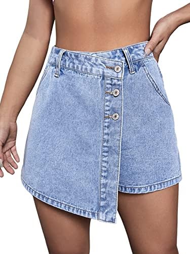כפתור עטיפת נשים Wdirara קדמי קדמי שולי א -סימטרי ג'ינס סקורט חצאית מכנסיים קצרים