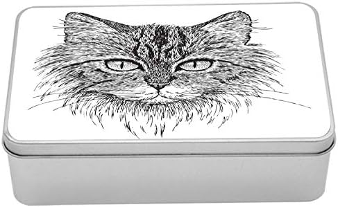 קופסת מתכת לחתול אמבסון, סקיצה מפורטת של טכניקת פחם אפור של חיית מחמד על רקע רגיל, מיכל קופסא פח מלבני רב תכליתי עם מכסה, 7.2 על 4.7 על